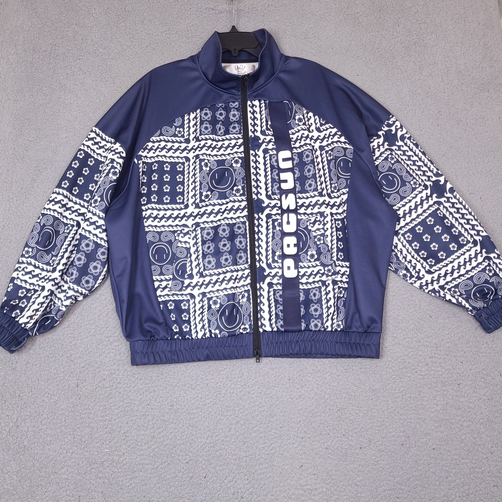 Pacsun Jacket Mens Medium Blue White Bandana Paisley Tribal Smile Print Full Zip